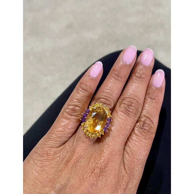9.80 Carat Citrine Amethyst Yellow Gold Cocktail Ring Size 7 For Sale In Los Angeles - Image 6 of 8