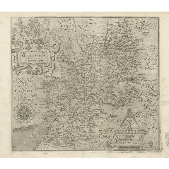 Antique Copper Engraved Map of Gloucestershire in England, 1637 For Sale