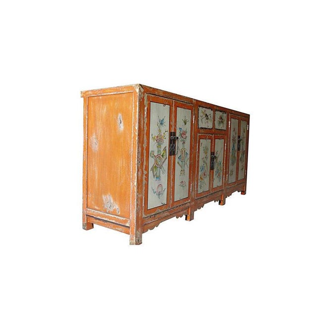 Vintage Mongolian Hand Painted Elm Wood Large Cabinet W/ Six Doors 77" W For Sale - Image 10 of 11