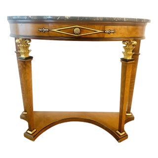 Late 20th Century Empire Revival Giltwood & Burlwood Demilune Console Table With Black Marble Top For Sale
