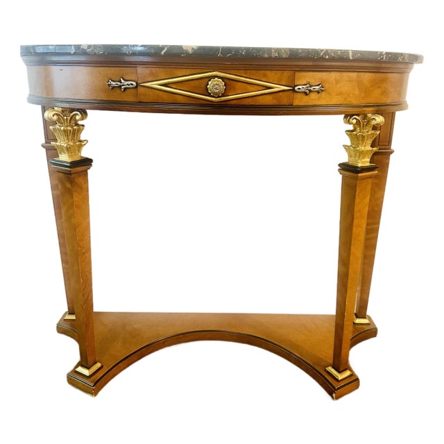 Late 20th Century Empire Revival Giltwood & Burlwood Demilune Console Table With Black Marble Top For Sale