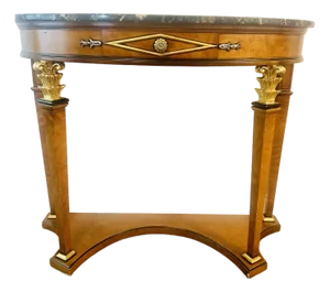 Late 20th Century Empire Revival Giltwood & Burlwood Demilune Console Table With Black Marble Top