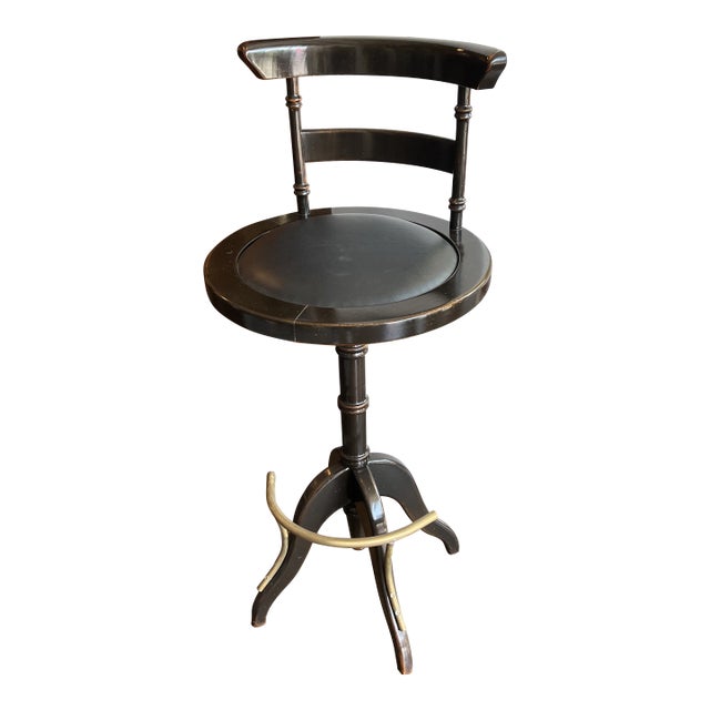 1990s Vintage Italian Black Leather Seat Barstool With Wood and Brass Accent for the Footrest and Low Back For Sale
