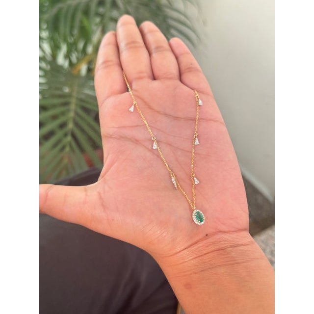 Oval Emerald & Diamond Drop Halo Station Charm Necklace in 14k Yellow Gold For Sale In New York - Image 6 of 13