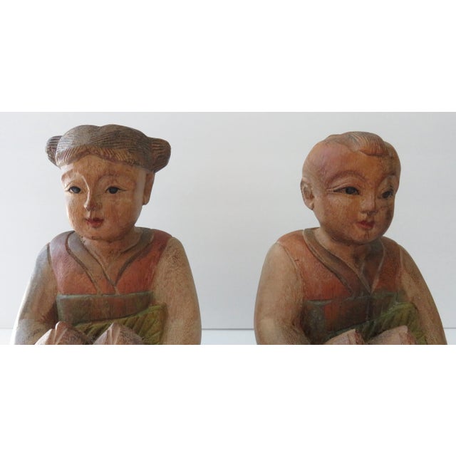 Vintage Hand Carved Wooden Statues Boy Girl Asian Influenced Figures - Set of 2 For Sale In Dallas - Image 6 of 10