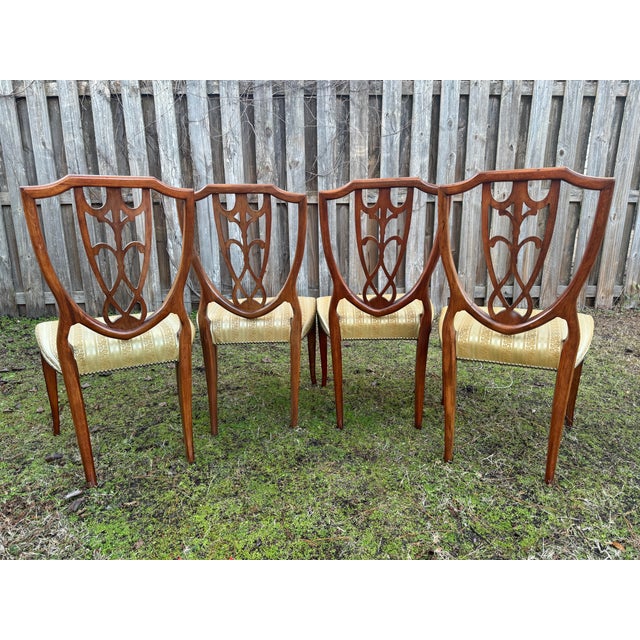 Hepplewhite 1960s Mahogany Carved Shield-Back Gold Fabric Hepplewhite Chairs - Set of 4 For Sale - Image 3 of 12