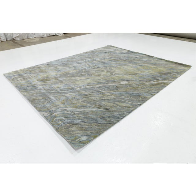 Abstract Modern Abstract Rug – Hand-Tufted Wool & Viscose – Blue, Gold, and Grey For Sale - Image 3 of 10