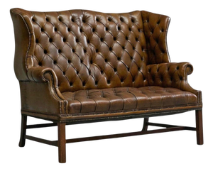 English Tufted Wingback Settee in Patinated Leather, 1900
