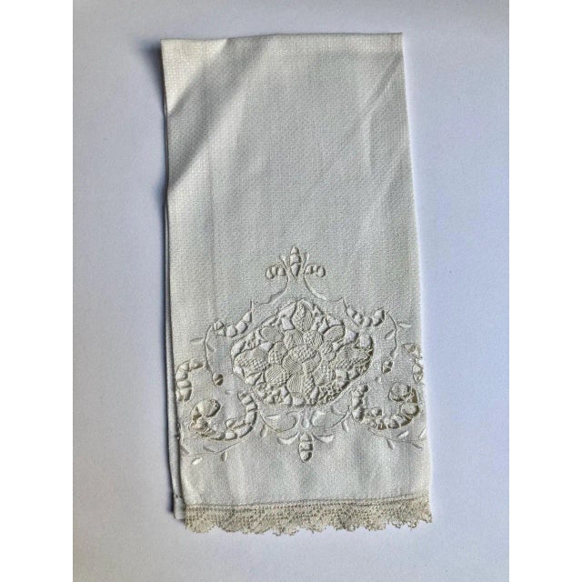 Antique Off White Linen Finger Tip Towel with Cutwork, Battenberg Lace and crochet edge. Featuring a rectangular Antique...