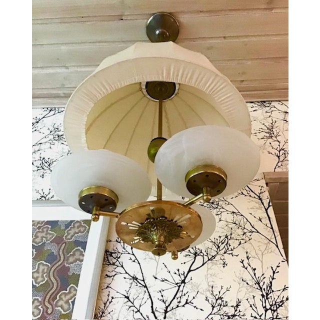 Cream Swedish Modern Ceiling Lamp in Brass and Linen, 1950s For Sale - Image 8 of 11