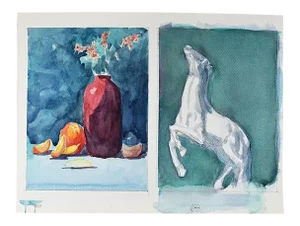 Double Still Life Painting of Horse and Tabletop With Vase and Fruit 20" X 15"
