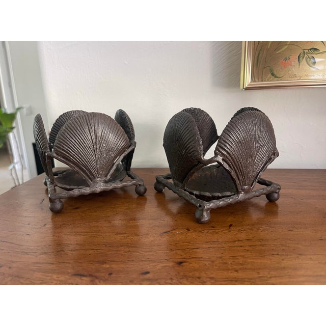 Vintage Brutalist Cast Metal Shell Candle Holders – Sculptural Organic Modern Pair For Sale - Image 4 of 11