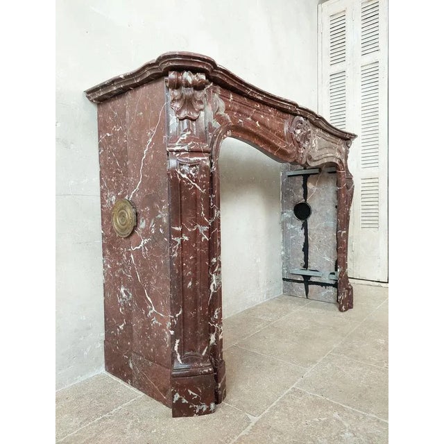 Antique Hand-Carved Trois Coquilles Mantelpiece in Red Marble For Sale - Image 4 of 12