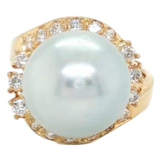Mid 20th Century Cultured Pearl & Diamond Cocktail Ring 14k Yellow Gold Size 6.5 For Sale
