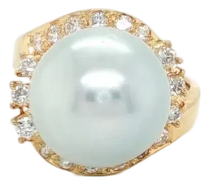 Mid 20th Century Cultured Pearl & Diamond Cocktail Ring 14k Yellow Gold Size 6.5