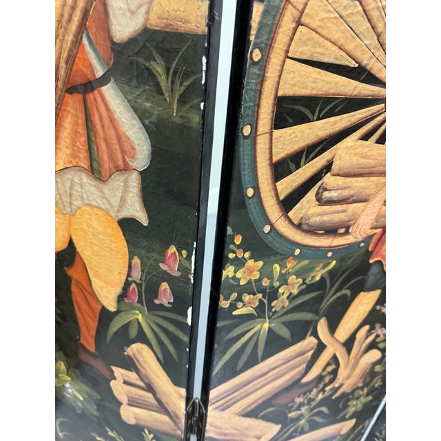 A very unusual hand painted wooden four panel room screen or divider with a traditional colonial outdoor scene. Beautiful...