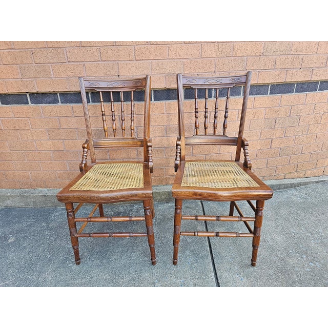 Pair of Victorian Walnut Carved and Spindle Cane Seat Side Chairs For Sale - Image 4 of 10