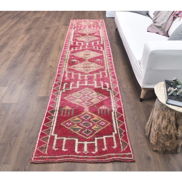 Shabby Chic Vintage Pink Geometric Turkish Hand-Knotted Runner For Sale - Image 3 of 9
