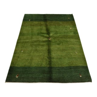 Gabbeh Rug 5’1” X 6’6” Green Wool Vintage Tribal Hand-Knotted Carpet For Sale