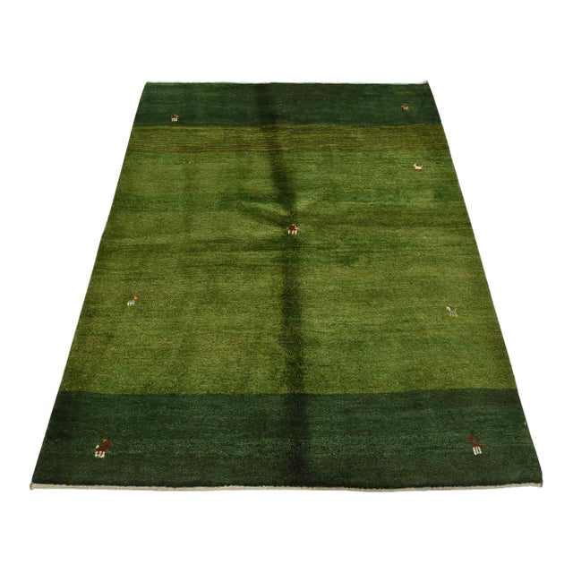 Gabbeh Rug 5’1” X 6’6” Green Wool Vintage Tribal Hand-Knotted Carpet For Sale