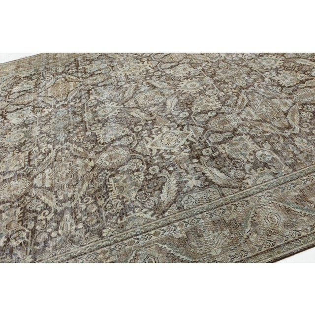 Textile Antique Mahal Hand-Knotted Wool Rug in Neutral Mocha, Espresso, & Ice Blue For Sale - Image 7 of 12
