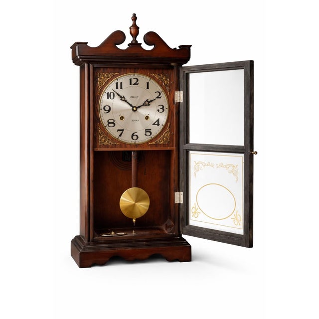 Late 20th Century PPL 31-Day Wall Clock With Pendulum Window, Wood Case (Traditional Mechanical Style) Measurements: 26" H × 12" W × 5.5" D For Sale - Image 4 of 8