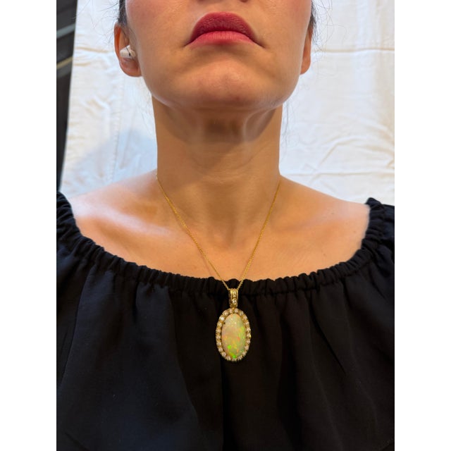 36 Ct Oval Ethiopian Opal & 2.5 Ct Diamond Pendant 14 Karat Yellow Gold Necklace For Sale - Image 11 of 18