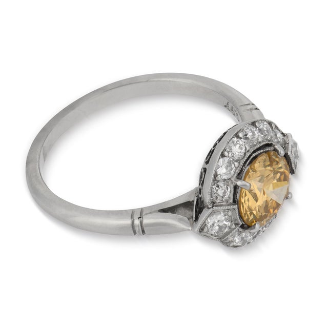 Art Deco Early 20th Century Art Deco Style Fancy Yellow Brown Diamond Platinum Engagement Ring, Size 6.5 For Sale - Image 3 of 6