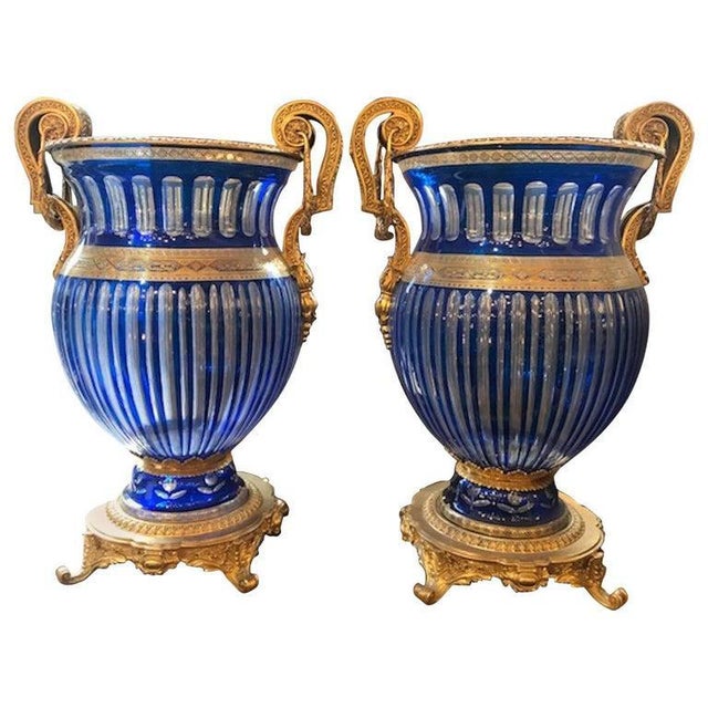 20th Century Bohemian Crystal Urns in Blue, Set of 2 For Sale - Image 9 of 9