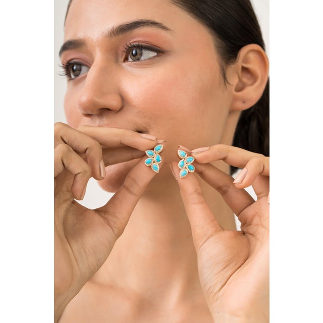 2.29ct Pear Cabochon Turquoise & Diamond Floral Stud Earrings in 14k Gold- A Pair For Sale In New York - Image 6 of 12