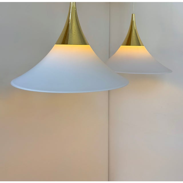 Brass and Opaline Glass Pendant Lights from Limburg, Germany, 1970s, Set of 2 For Sale - Image 6 of 11