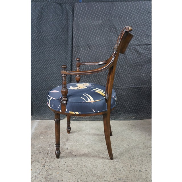 2 Antique English Sheraton Regency Style Mahogany Inlaid Floral Silk Arm Chairs For Sale - Image 15 of 18