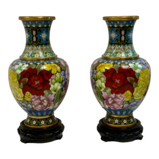 Vintage Chinese Cloisonne Enamel Multicolored Vases With Stands - A Pair For Sale