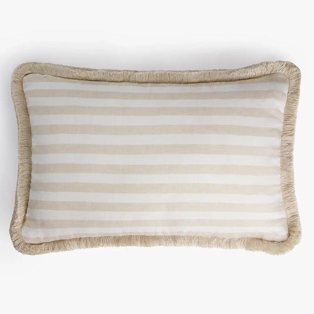Beige with Beige Fringes Happy Linen Pillow by LO DECOR for Lorenza Briola For Sale - Image 3 of 5