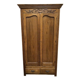 **Antique Oak Wardrobe Armoire**Carved Wood Ornate Hardware**OBO** For Sale