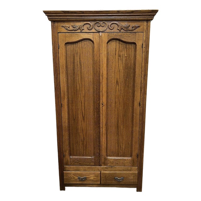**Antique Oak Wardrobe Armoire**Carved Wood Ornate Hardware**OBO** For Sale