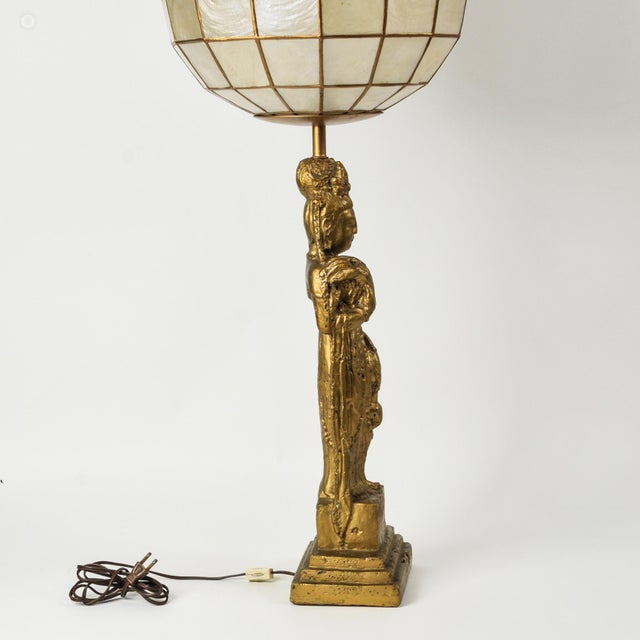 Vintage Statement Table Lamp Featuring Gold Guan Yin Figure and Capiz Shell Globe Shade For Sale - Image 9 of 17