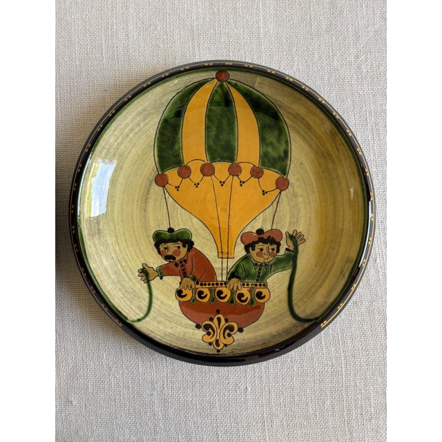 Rustic European 1970s Swiss Folk Art Pottery Wall Plates With Hot Air Balloons Heimberg-Steffisburg- a Pair For Sale - Image 3 of 6