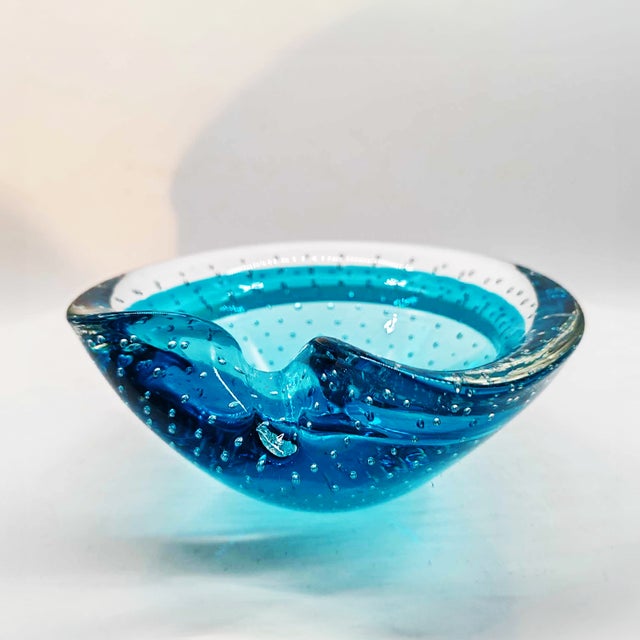 Shell Ashtray or Catch-all in Murano Glass. Blue and Sky-Blue submerged colors with bubbles. 1960s, Made in Italy....