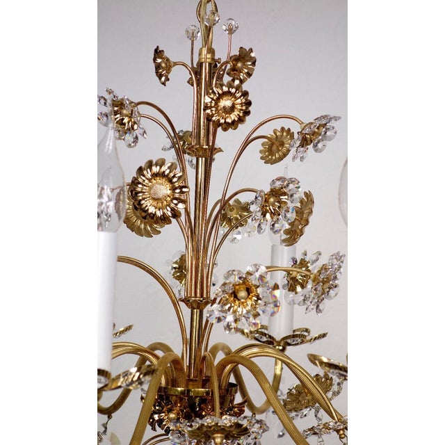 Brass & Lead Crystal Chandelier with Flowers from Palwa, 1970s For Sale - Image 9 of 15
