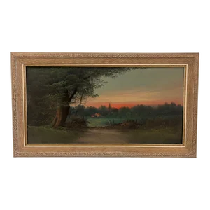 1970s Vintage Mid Century Modern Traditional Style Oil Painting of Serene Landscape