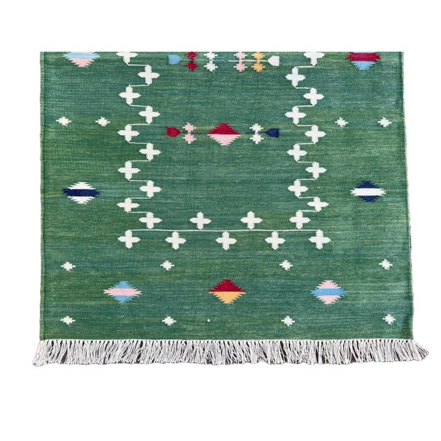 Handmade Cotton Dhurrie Vegetable Dyed Forest Green Shooting Star Runner- 3'x14' For Sale - Image 10 of 11