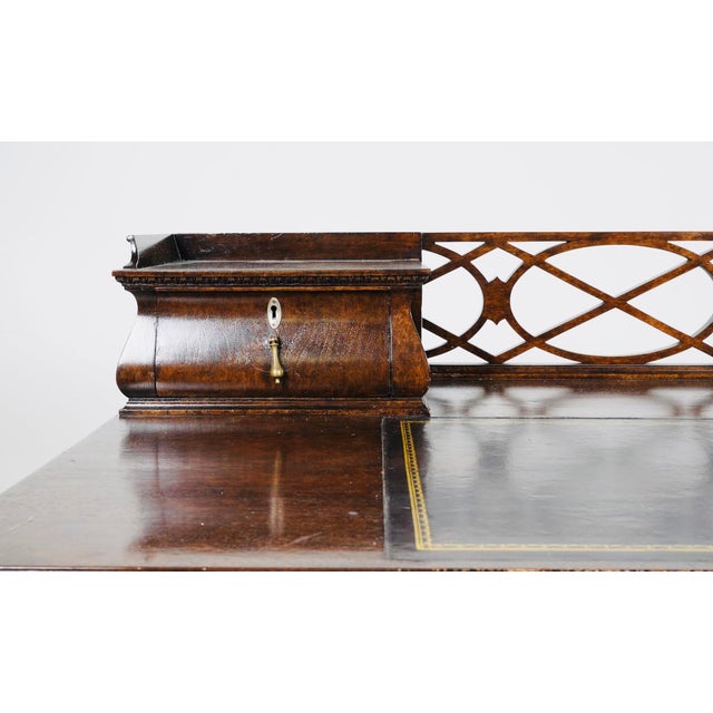 1920s English Georgian Revival Mahogany Kneehole Desk With Fretwork Gallery & Inset Leather Writing Surface For Sale - Image 9 of 10