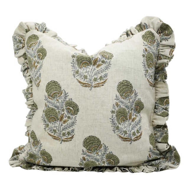 Handmade Floral Block Print Frill Pillow Cover Artisan Boho Decorative Throw Cushion 14x20 Inch- Mohini For Sale