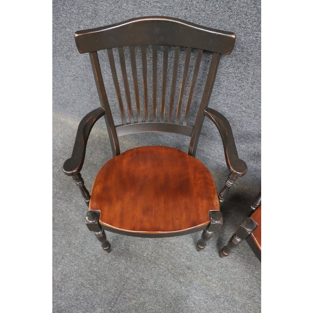 Nichols & Stone Pair of Nichols & Stone Style Cherry & Black Slat-Back Armchairs For Sale - Image 4 of 13