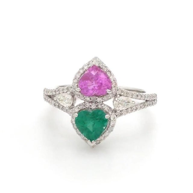 Natural 0.79 cts Zambian emerald and 0.99 cts sapphire ring 18k gold For Sale - Image 14 of 18