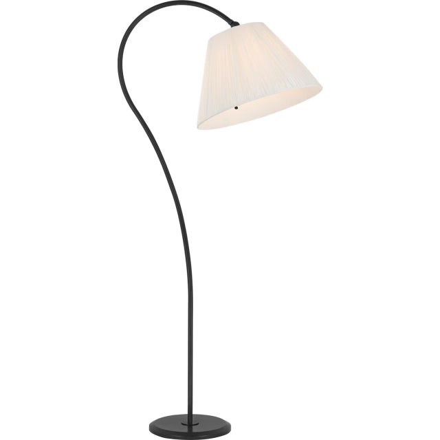 Transitional Amber Lewis by Visual Comfort Signature Dume Large Arched Floor Lamp in Aged Iron with Silk Pleated Shade For Sale - Image 3 of 3