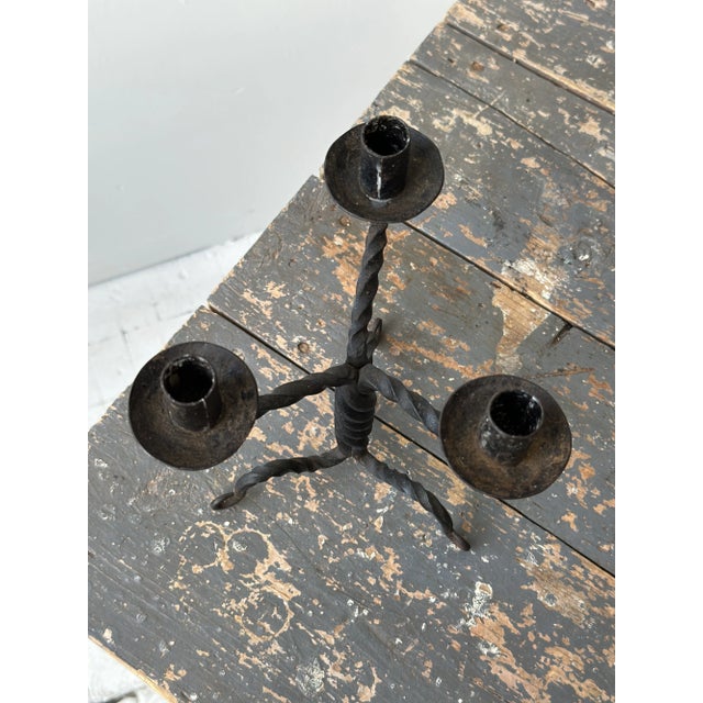 Vintage Wrought Iron Twisted Tripod Candelabra, Circa Early-Mid 20th Century For Sale - Image 16 of 16