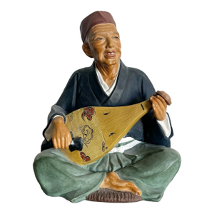 Vintage Japanese Leftons Clay Doll of an Old Man Playing a Biwa
