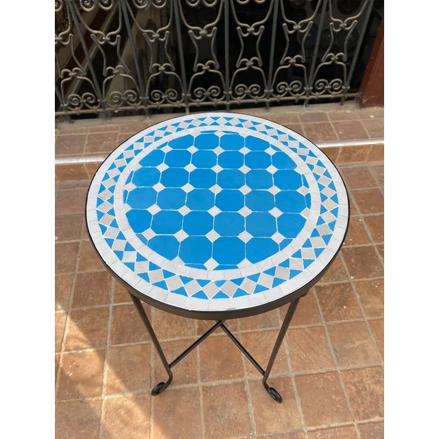 Moroccan Sky Round Blue White Tile Mosaic Table Moroccan Decor Art For Sale - Image 3 of 4